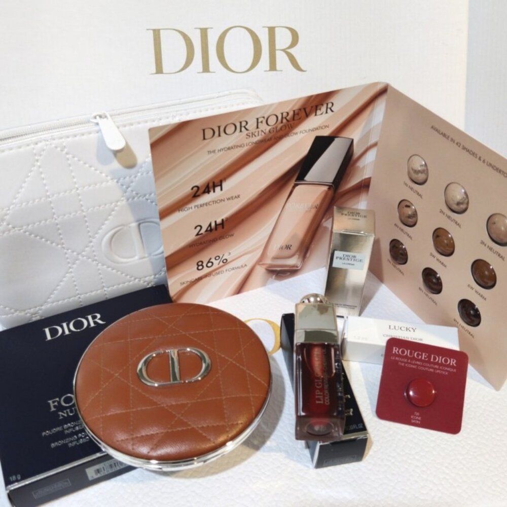 Dior Beauty Bronzer (5A03), Lip Oil (4C01), Cannage Pouch, Bundle of 7, NEW